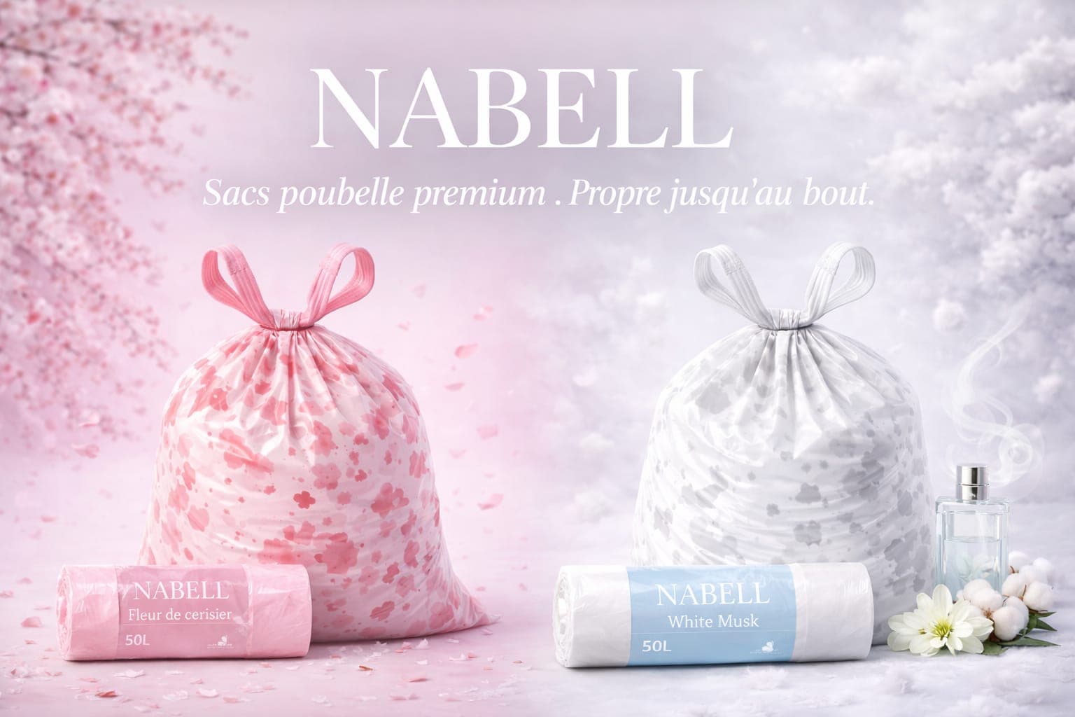 NABELL — sacs poubelle premium parfumés : Fleur de cerisier et White Musk